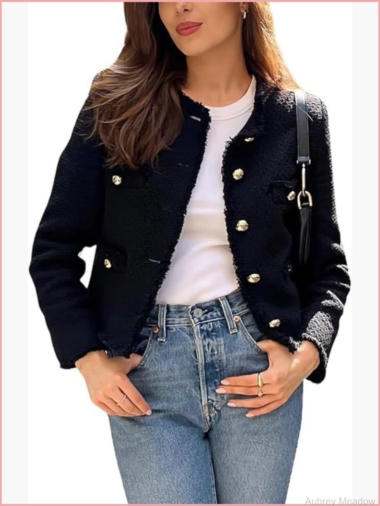 Womens Tweed Blazer Jacket Long Sleeve Button Down Cropped Coat Work Office